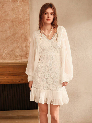 Anewsta Ladies' Elegant White Lace Vacation Dress