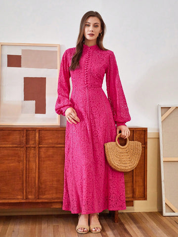 Ladies' Long Sleeve Lace Rose Pink Dress