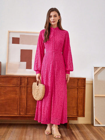 Ladies' Long Sleeve Lace Rose Pink Dress
