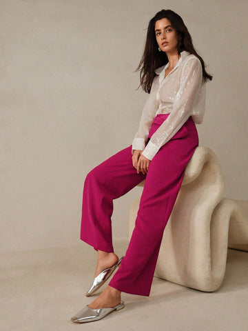 Anewsta Ladies Pleated Straight Leg Woven Trousers In Pink With Splice Details, Belt And Casual Elastic Waist