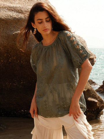 Anewsta Ladies Round Neck Hollow Out Pleated Casual Short Sleeve Blouse For SpringSummer