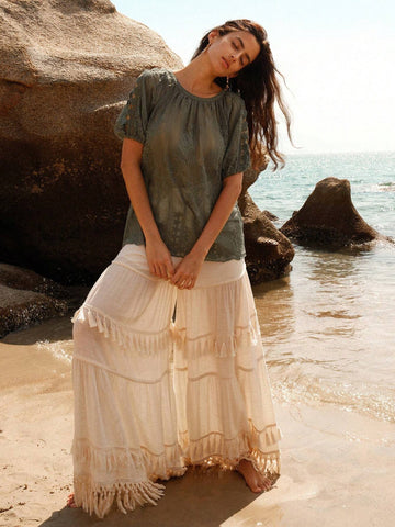 Anewsta Ladies Round Neck Hollow Out Pleated Casual Short Sleeve Blouse For SpringSummer