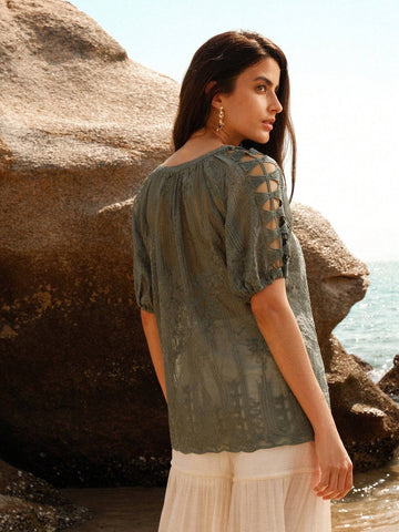 Anewsta Ladies Round Neck Hollow Out Pleated Casual Short Sleeve Blouse For SpringSummer