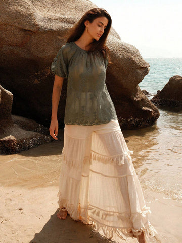 Anewsta Ladies Round Neck Hollow Out Pleated Casual Short Sleeve Blouse For SpringSummer