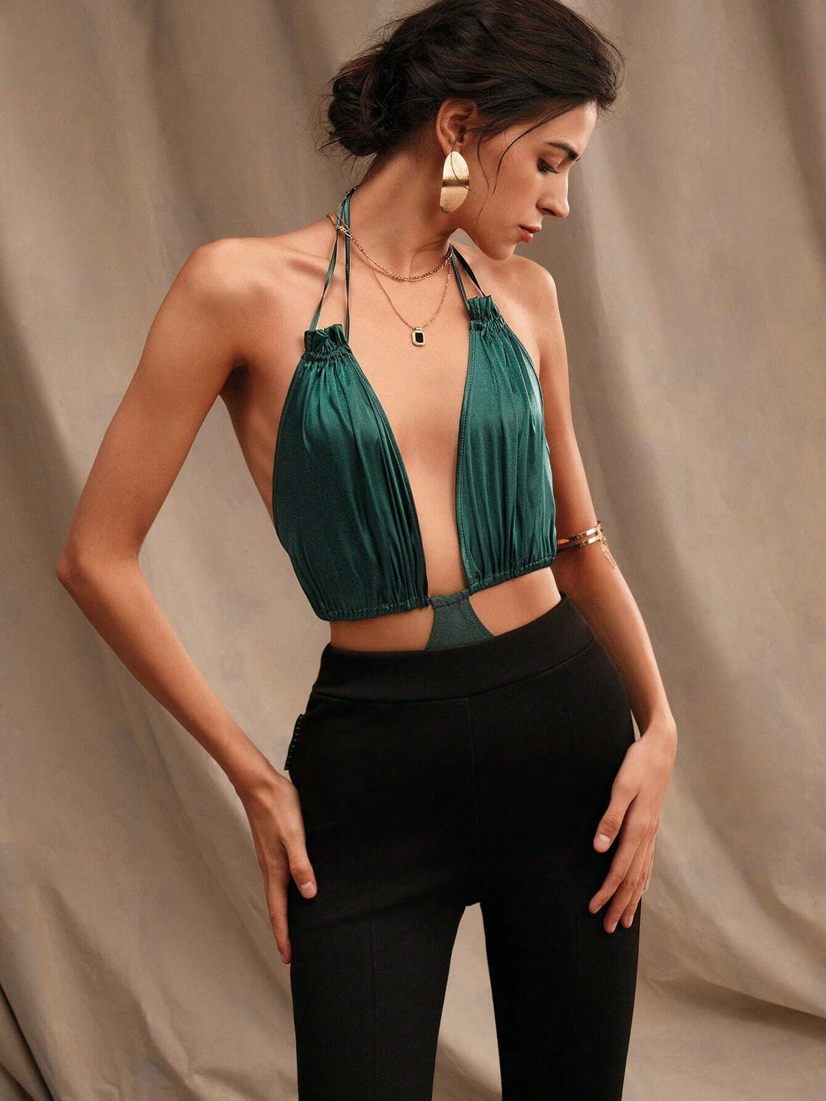 Anewsta Ladies' Solid Color Halter Backless Bodysuit For Vacation