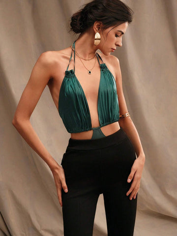 Anewsta Ladies' Solid Color Halter Backless Bodysuit For Vacation