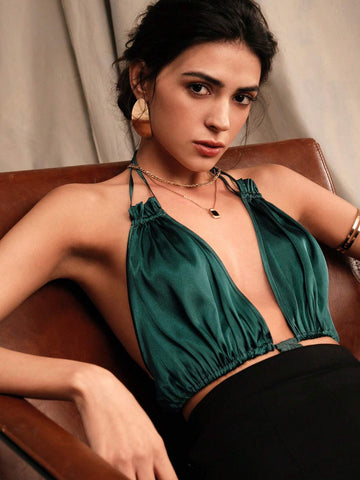 Anewsta Ladies' Solid Color Halter Backless Bodysuit For Vacation