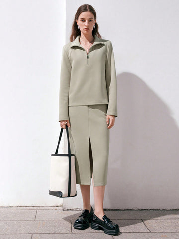 Anewsta Ladies' Solid Color Top And Skirt Suit