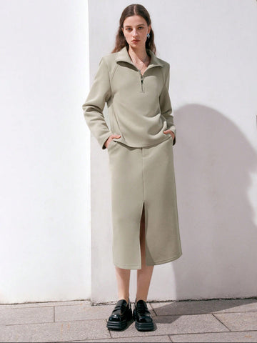 Anewsta Ladies' Solid Color Top And Skirt Suit