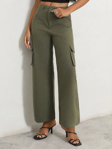 Anewsta Ladies Solid Color Workwear Pocket Straight-Leg Pants