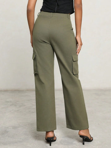 Anewsta Ladies Solid Color Workwear Pocket Straight-Leg Pants