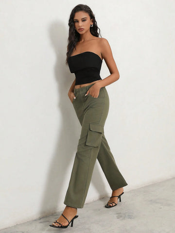 Anewsta Ladies Solid Color Workwear Pocket Straight-Leg Pants