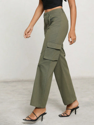 Anewsta Ladies Solid Color Workwear Pocket Straight-Leg Pants