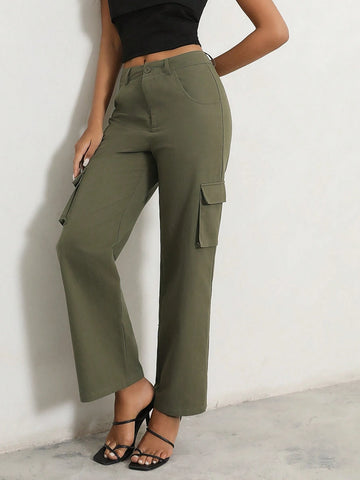 Anewsta Ladies Solid Color Workwear Pocket Straight-Leg Pants