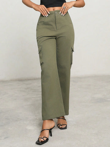 Anewsta Ladies Solid Color Workwear Pocket Straight-Leg Pants