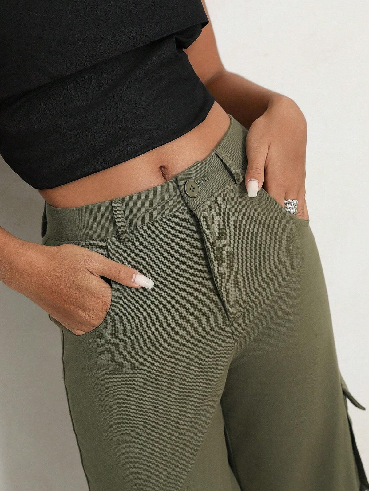 Anewsta Ladies Solid Color Workwear Pocket Straight-Leg Pants