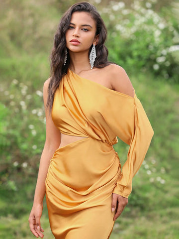 Anewsta Ladies' Stylish Solid Color One Shoulder Maxi Dress