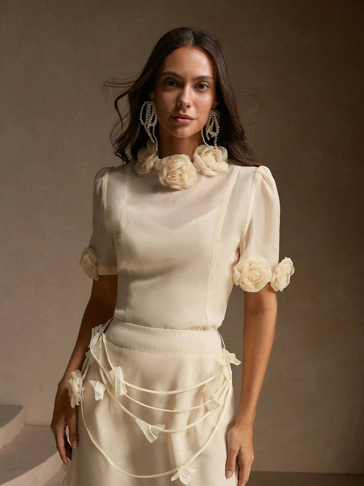 Anewsta Ladies' Summer 3D Floral V-Neck Dress With Short Sleeve Elegant Two-Piece Set