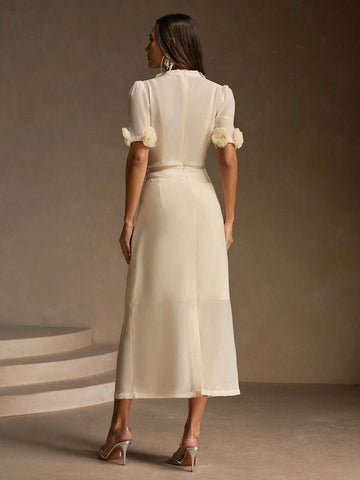 Anewsta Ladies' Summer 3D Floral V-Neck Dress With Short Sleeve Elegant Two-Piece Set