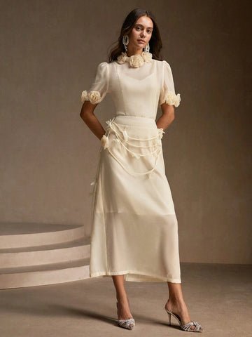 Anewsta Ladies' Summer 3D Floral V-Neck Dress With Short Sleeve Elegant Two-Piece Set