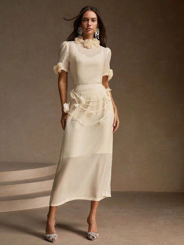 Anewsta Ladies' Summer 3D Floral V-Neck Dress With Short Sleeve Elegant Two-Piece Set