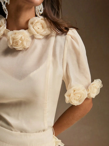 Anewsta Ladies' Summer 3D Floral V-Neck Dress With Short Sleeve Elegant Two-Piece Set