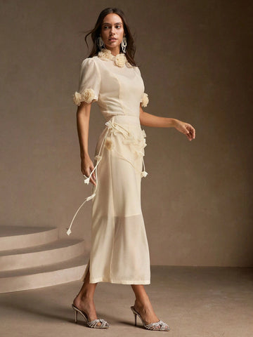 Anewsta Ladies' Summer 3D Floral V-Neck Dress With Short Sleeve Elegant Two-Piece Set