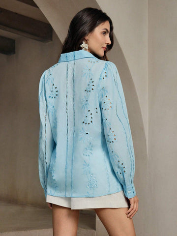 Anewsta Lapel Long Sleeve Hollow Embroidery Casual Shirt