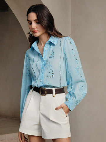 Anewsta Lapel Long Sleeve Hollow Embroidery Casual Shirt