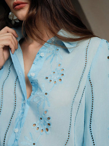 Anewsta Lapel Long Sleeve Hollow Embroidery Casual Shirt