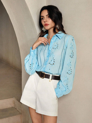 Anewsta Lapel Long Sleeve Hollow Embroidery Casual Shirt