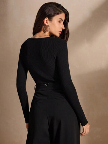 Anewsta Long Sleeve Round Neck Button Up Bodysuit, Slim Fit And Versatile