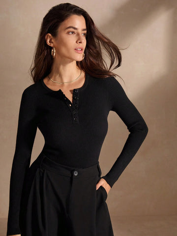 Anewsta Long Sleeve Round Neck Button Up Bodysuit, Slim Fit And Versatile