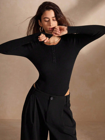 Anewsta Long Sleeve Round Neck Button Up Bodysuit, Slim Fit And Versatile