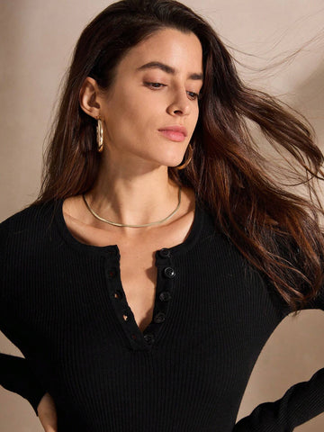 Anewsta Long Sleeve Round Neck Button Up Bodysuit, Slim Fit And Versatile