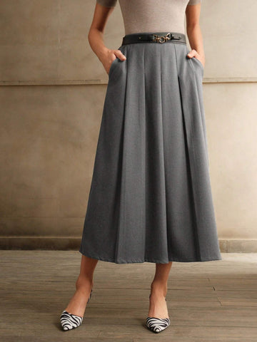 Anewsta Merlot Grey Waist Belt A-Line Skirt For Women Maxi Women Outfit