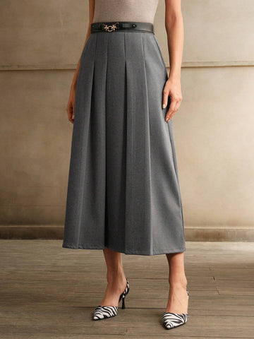 Anewsta Merlot Grey Waist Belt A-Line Skirt For Women Maxi Women Outfit