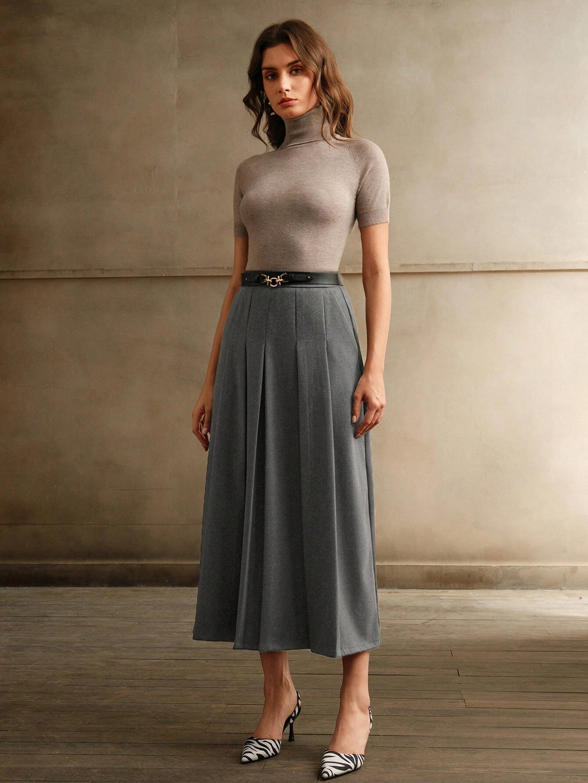 Anewsta Merlot Grey Waist Belt A-Line Skirt For Women