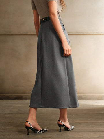Anewsta Merlot Grey Waist Belt A-Line Skirt For Women