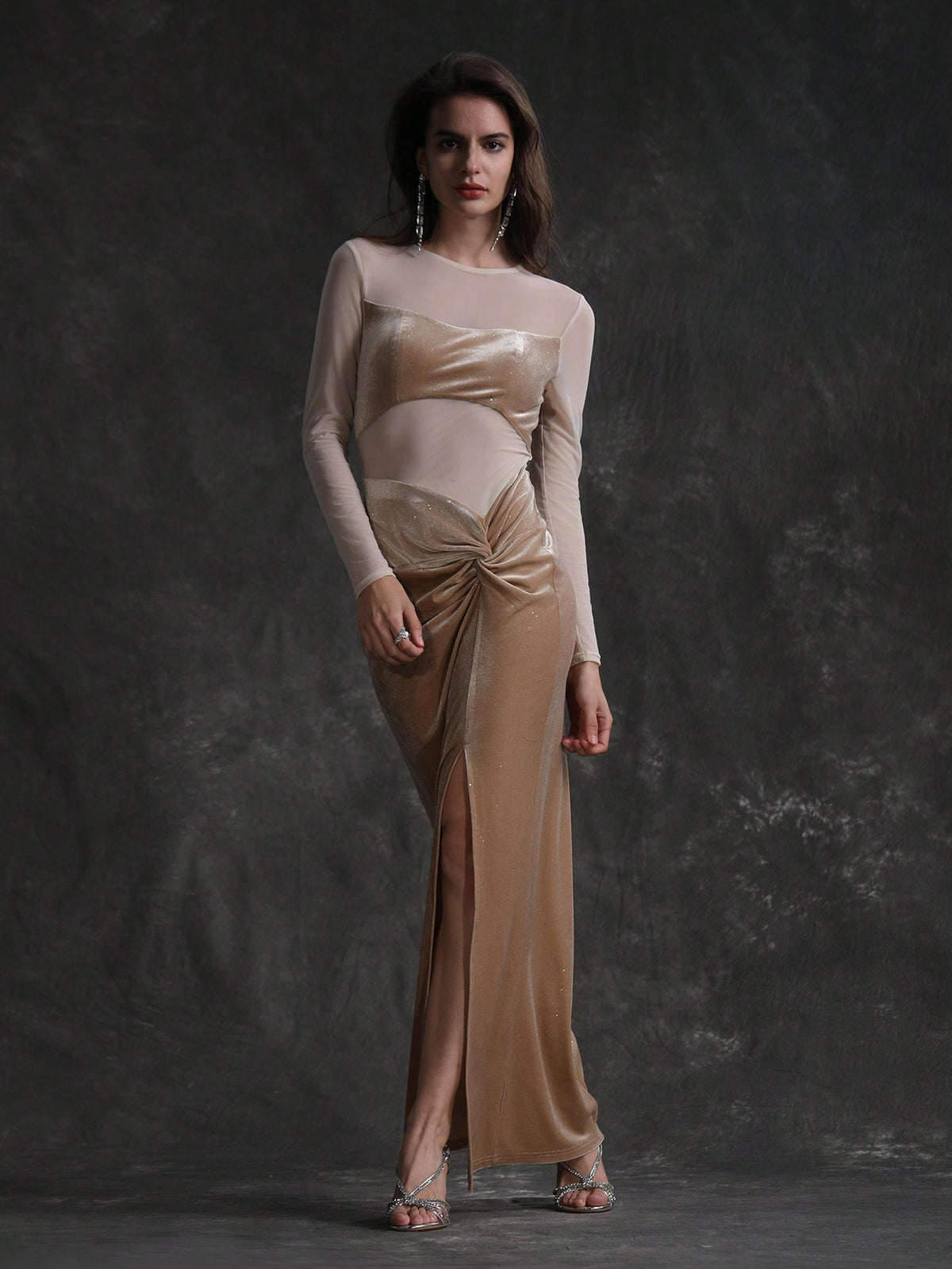 Anewsta Mesh Splice High Slit Dress