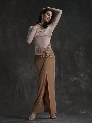 Anewsta Mesh Splice High Slit Dress