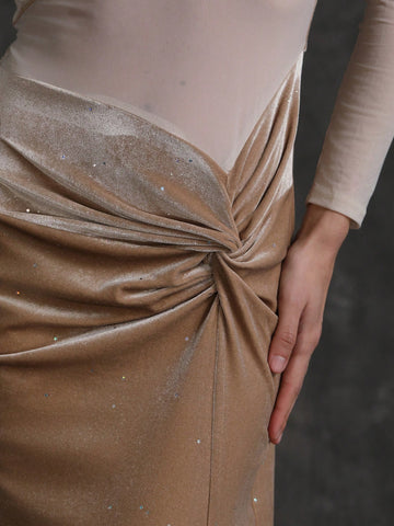 Anewsta Mesh Splice High Slit Dress