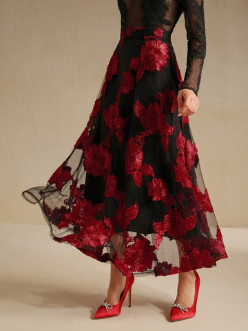 Anewsta New Vintage Elegant Versatile Floral Embroidery Mesh High Waist A-Line Skirt, Autumn/Spring