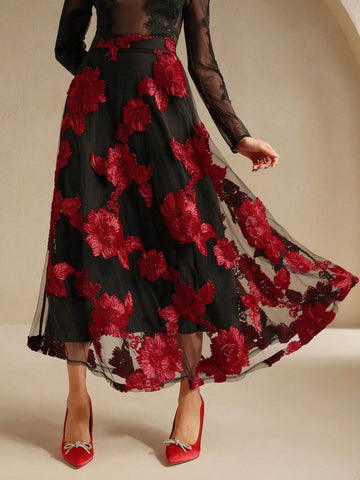 Anewsta New Vintage Elegant Versatile Floral Embroidery Mesh High Waist A-Line Skirt, Autumn/Spring
