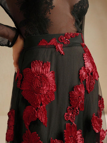 Anewsta New Vintage Elegant Versatile Floral Embroidery Mesh High Waist A-Line Skirt, Autumn/Spring