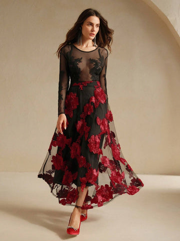 Anewsta New Vintage Elegant Versatile Floral Embroidery Mesh High Waist A-Line Skirt, Autumn/Spring