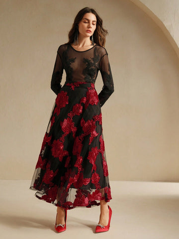 Anewsta New Vintage Elegant Versatile Floral Embroidery Mesh High Waist A-Line Skirt, Autumn/Spring