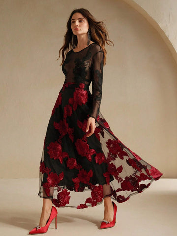 Anewsta New Vintage Elegant Versatile Floral Embroidery Mesh High Waist A-Line Skirt, Autumn/Spring