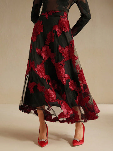 Anewsta New Vintage Elegant Versatile Floral Embroidery Mesh High Waist A-Line Skirt, Autumn/Spring