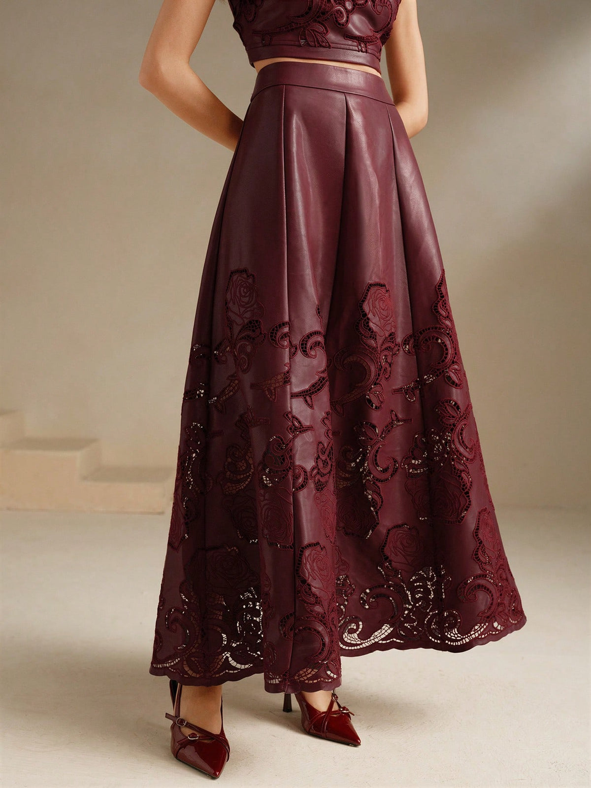 Anewsta PU Embroidered A-Line Midi Skirt, Wine Red